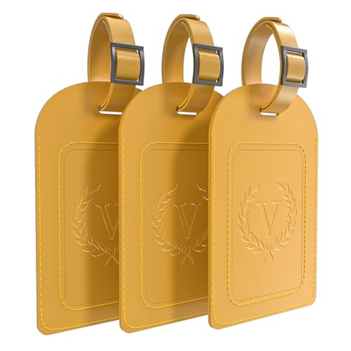 Alphabet Luggage Tags, 3 Pack Yellow Initial Bag Tags with Privacy Cover & Replaceable ID Card, Faux Leather Suitcase Tags for Travel, Flights & Cruises - style: Letter V
