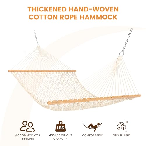 Lazy Daze Hammocks Double Rope Hammock, 2 Person Traditional Outdoor Hand Woven Cotton Rope Hammock with Spreader Bar, Carabiners, Tree Straps, Chains for Patio Yard - Max 450 Lbs, Natural - color: Natural