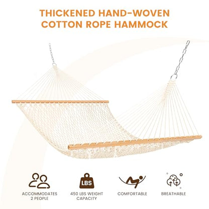 Lazy Daze Hammocks Double Rope Hammock, 2 Person Traditional Outdoor Hand Woven Cotton Rope Hammock with Spreader Bar, Carabiners, Tree Straps, Chains for Patio Yard - Max 450 Lbs, Natural - color: Natural