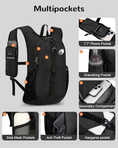 Folding Hiking Backpack with Phone Pocket for Men Women, Small Ultralight Packable Casual Daypack with Shoulder Chest Straps for Travel, 15L Foldable Lighweight Day Pack, Black - color: Black