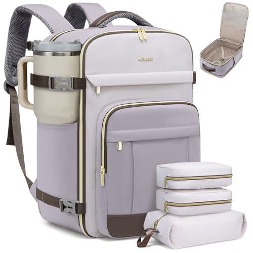 LOVEVOOK 40L Travel Backpack for Women & Men - 17.3 Inch Carry On Backpack & Personal Item Backpack for Airlines, Spacious and Durable Design, with 3 Packing Cubes - color: Light Grey-beige-coffee, size: Large-40L-4Pcs