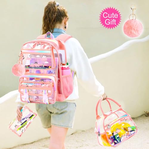 KLFVB Transparent Backpack Heavy Duty, 3PCS Girls See Through School Bag Set, Cute Clear Bookbag for Women - Cloud Cat Pink - color: Cloud Cat Pink Clear Backpack