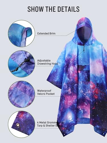 SaphiRose Extra Thick Hooded Rain Poncho Double Layer Waterproof Raincoat Jacket for Men Women Adults - color: Universe