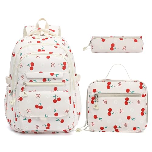 Phaoullzon Teen Girls School Backpack with Lunch Box for Boys, College Aesthetic Laptop Bookbag for Women - color: Cherry