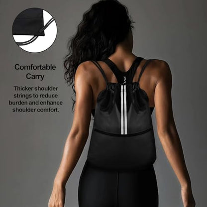 Drawstring Backpack Sports Gym Bag, Draw String Back Bag for Men Women, Lightweight Sackpack with Zipper Pocket, Durable Large Two Tone Black - color: Two Tone Black