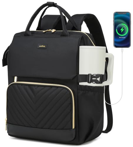 Laptop Backpack for Women 17.3in, College Bookbag School Backpack for High School Teen Girls, Work Bags with Cup Holder & USB Charger for Teacher Nurse Travel, Black - color: Black, size: 17.3in