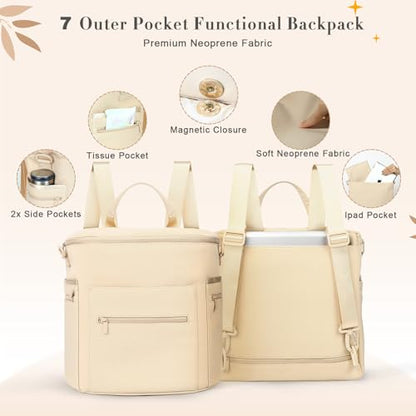 miss fong Neoprene Diaper Bag - Baby Diaper Bag,Large Capacity Neoprene Backpack with Changing Pad Travel Diaper Backpack Tote Backpack with 16 Pockets for Mom & Dad-Beige - color: Neoprene Beige