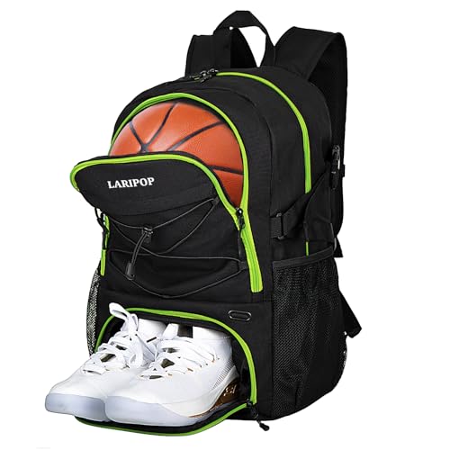 LARIPOP Basketball Backpack with Ball Compartment - Ventilated Shoe Pocket Fits US Size 15, Water Resistant 30L Sports Bag for Men Women Teen Athletes Practice Travel - color: Lemon Green