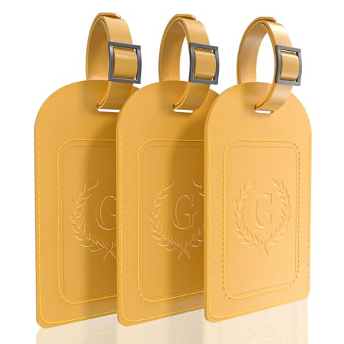 Alphabet Luggage Tags, 3 Pack Yellow Initial Bag Tags with Privacy Cover & Replaceable ID Card, Faux Leather Suitcase Tags for Travel, Flights & Cruises - style: Letter G