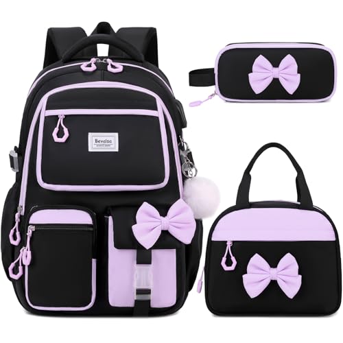 Bevalsa Backpack for Girls, Cute Bow School Bags for Kids with Lunch Bag & Pen Case, Bookbag for Girls Children Teens Elementary Middle Student, Back to School Gift with USB Charging Port - color: Black Purple
