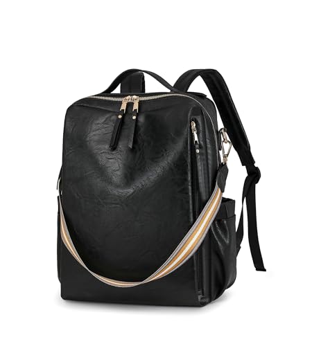 myfriday PU Leather Large Backpack Purse for Women Casual Travel Backpack Convertible Satchel Handbags With Luggage Strap (Black) - color: Black
