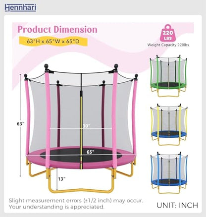 5 FT Kids Trampoline with Safety Enclosure Net, Indoor Outdoor Toddler Trampoline with U-Shaped Legs & Foam Poles, Mini Trampoline for Kids - color: Pink
