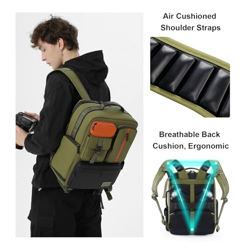Cwatcun Professional Camera Backpack, Waterproof Camera Bag for Photographers, Camera Case with Tripod Holder & Laptop Compatible for Canon Nikon Sony Fuji DSLR SLR Mirrorless Camera, Green - color: Green
