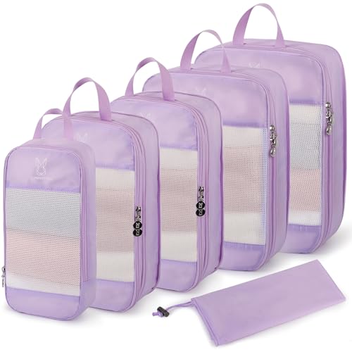 6/8 Sets Compression Packing Cubes for Travel, Bunnychill Portable Zipper Packing Cube for Cloting, Expandable Space Saver Storage Luggage Organizer Bags for Suitcases - color: Lavender, size: 6 Pcs(XL,L,M*2,S,laundry bag)