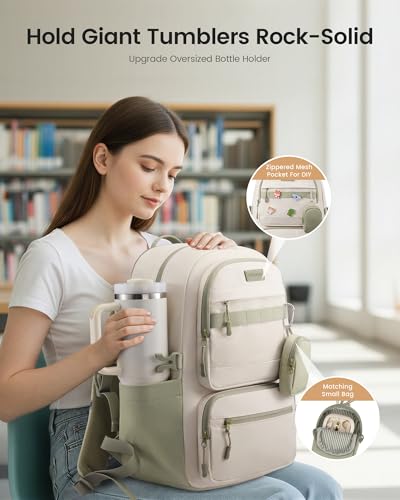 LOVEVOOK Laptop Backpack with Locking Cup Holder & Anti-Slip Strap, 15.6" Waterproof Travel Daypack Trolley Sleeve, Work College Commute Bag with Keychain Zip Pouch - color: Beige - Been Green, size: 15.6 Inch
