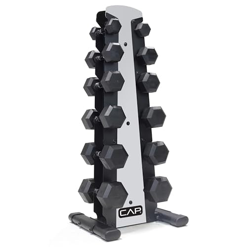 CAP Rubber Coated Hex Dumbbell Set with Storage Rack | 100–210 lb Options, Space-Saving Vertical Compact Storage for Home Gym Strength Training - size: 210 lb - Set - Silver Rack, style: Comfort Handle