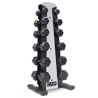 CAP Rubber Coated Hex Dumbbell Set with Storage Rack | 100–210 lb Options, Space-Saving Vertical Compact Storage for Home Gym Strength Training - size: 210 lb - Set - Silver Rack, style: Comfort Handle