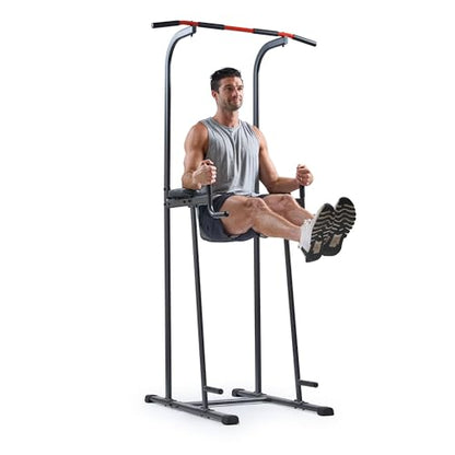 Sunny Health & Fitness Power Tower Dip Station & Pull-Up Bar, Multi-Function Strength Training Equipment with Captain’s Chair, Push-Up Bars & Core Workout for Home Gym