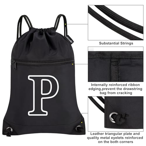 HOLYLUCK Drawstring Bags Initial Backpack Sackpack Cinch Bags for Sports, Gym, Travel, Beach (Black-P) - color: Black-p