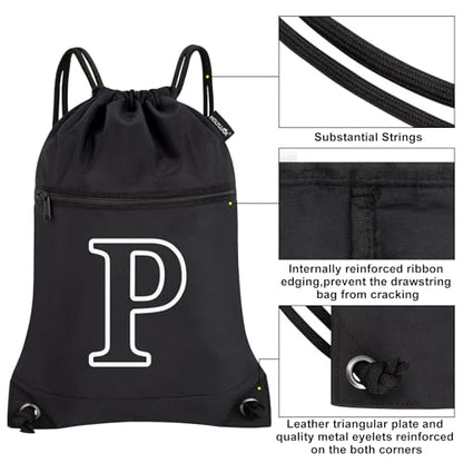 HOLYLUCK Drawstring Bags Initial Backpack Sackpack Cinch Bags for Sports, Gym, Travel, Beach (Black-P) - color: Black-p