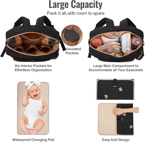 GOBABYMART Diaper Bag Backpack, Medium Maternity baby bag & Changing Pad, Insulated Pockets, Stroller Straps & Pacifier Case (Medium - Black Bears) - color: Medium - Black Bears