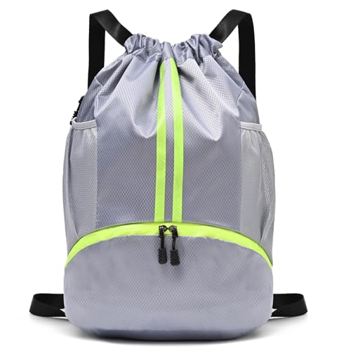 LOKAPEGY Drawstring Gym Bag for Men, Waterproof Drawstring Backpack for Women, Swim with Shoes Compartment, Pull String Sport Bag for Soccer and Basketball. (Grey) - color: Grey