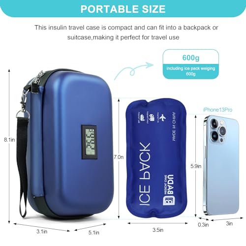 Gosemai TSA Approved Insulin Cooler Travel Case Medication Cooler for Travel with Thermometer Temperature Display Diabetic Medication Organizer Medical Travel Cooler Bag with 2 Ice Pack - color: Blue
