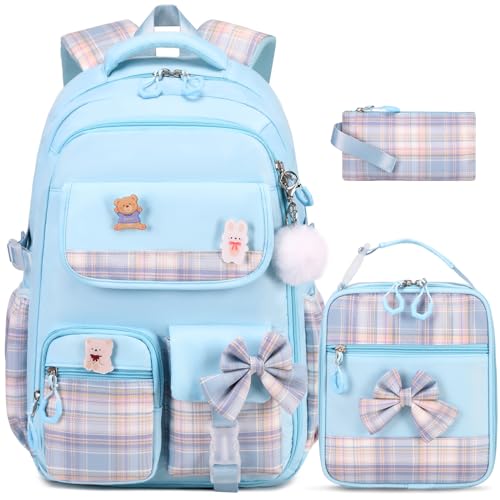 ACESAK Girls Backpack - 3PCS Backpack for Girls Cute School Backpacks for Girls Kindergarten Elementary Preschool Middle Kids School Bags with Lunch Box Pencil Case Set (Blue) - color: Blue
