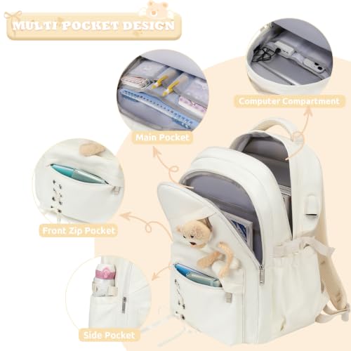 ACESAK School Backpack for Girls - 3 PCS Cute Girls Backpack with Lunch Box & Pencil Case - Kawaii Casual Kids Bookbag School Bag Daypacks Set for Elementary Middle High School Student Teens (Beige) - color: Beige