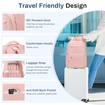 Sisipoet School Backpack for Girls, Lightweight Kids Bookbag Classic College Backpack for Teen Women with Luggage Strap, Age 8-18 Years Old, Pink - color: Pink