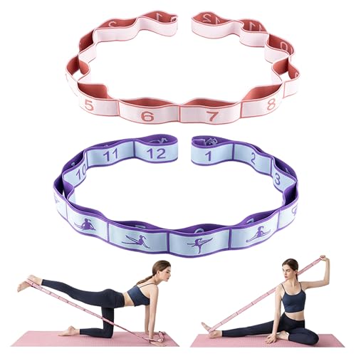 2PCS Elastic Yoga Stretching Strap with 12 Loops Stretch Resistance Exercise Bands for Yoga,Pilates,Dance,Rhythmic Gymnastics,Physical Therapy,Ballet Couple Style - color: Pink, Blue