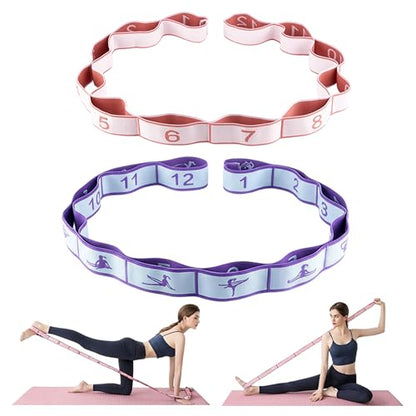 2PCS Elastic Yoga Stretching Strap with 12 Loops Stretch Resistance Exercise Bands for Yoga,Pilates,Dance,Rhythmic Gymnastics,Physical Therapy,Ballet Couple Style - color: Pink, Blue