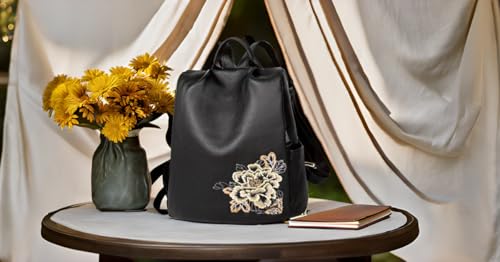 BOYATU Women’s Full-Grain Leather Backpack Purse, Elegant Floral Designer Purse, Work Commuter & City Travel, Compact Everyday Essentials, Fashion RFID Pocket Bag (Black) - color: Z-black