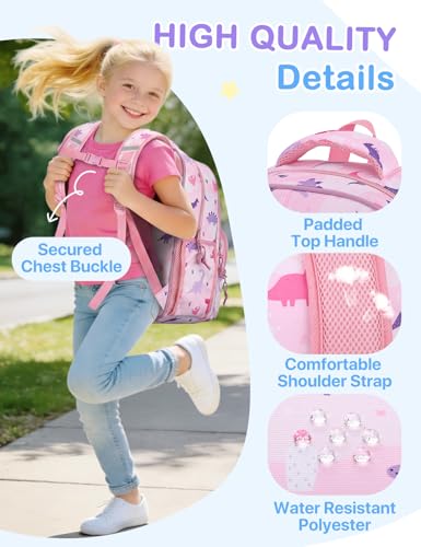 VASCHY Kids Backpacks, 12L Toddler & 17.5L School Backpacks, Lightweight Water-Resistant for Boys and Girls Ages 3-12 - color: Dino Pink, size: Large