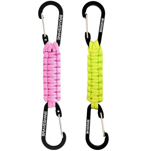 BRAVESHINE Paracord Keychain Carabiner Clip, D Ring Lanyard Hanger Stroller Hook for Water Bottle, Key, Backpacks, Men, Women - color: 1 Pink 1 Green