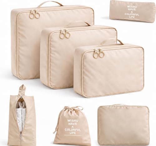 7 Set Packing Cubes For Travel | Luggage Organizer Bags With Shoe, Laundry Bag, Accessory Pouch And Lingerie Bag | Durable And Space Saving Suitcase Organizer For Travel Essentials | Beige - color: Beige