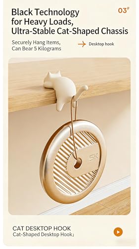Cat Desk Hook for Kids - Damage-Free No Drill Desk Side Hook, 5KG Load Capacity ABS Backpack Hanger, Adhesive Included Multi-Purpose Organizer for Student School Desk/Home Office