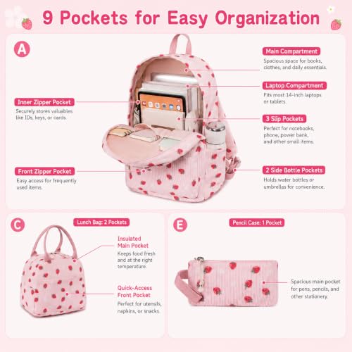 BTOOP School Backpacks for Teen Girls Bookbags Lightweight Kids Backpack School Bags Set with Lunch Box Pencil Case - color: Pink Strawberry