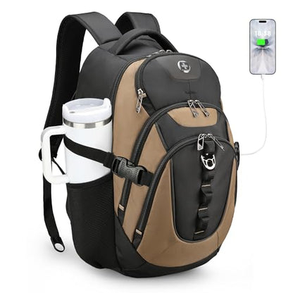 Swissdigital Design Laptop Backpack with USB Charging Port, Travel Backpack Fits 15.6 inches Computer, 31L College School Backpack for Men, Tan/Black | SD803-34 - color: Tan/Black