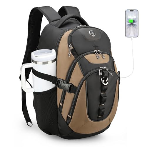 Swissdigital Design Laptop Backpack with USB Charging Port, Travel Backpack Fits 15.6 inches Computer, 31L College School Backpack for Men, Tan/Black | SD803-34 - color: Tan/Black