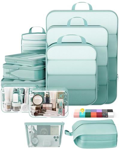 Veken 11-Pack Compression Packing Cubes for Travel Essentials,Compressible Expandable Large Luggage Suitcase Organizer Bags for Clothing,Durable Space Saver Bags with Toiletry Bags(Blue Green) - color: Blue Green, size: 11 set