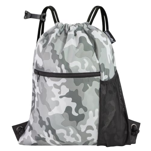 HOLYLUCK Men & Women Outdoor Sport Gym Sack Waterproof Drawstring Backpack Bag (Standard With Drawstring, Grey Camo) - color: Grey Camo, style: Standard With Drawstring
