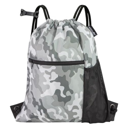 HOLYLUCK Men & Women Outdoor Sport Gym Sack Waterproof Drawstring Backpack Bag (Standard With Drawstring, Grey Camo) - color: Grey Camo, style: Standard With Drawstring