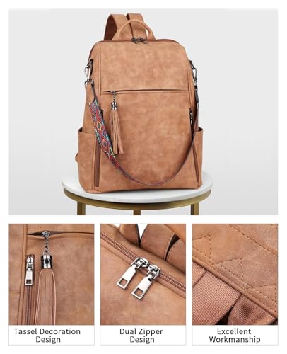 FADEON Leather Laptop Backpack for Women Designer 15.6 inch PU Laptop Bag, Ladies Travel Computer Work Backpack Brown - color: Camel Brown Suede Style
