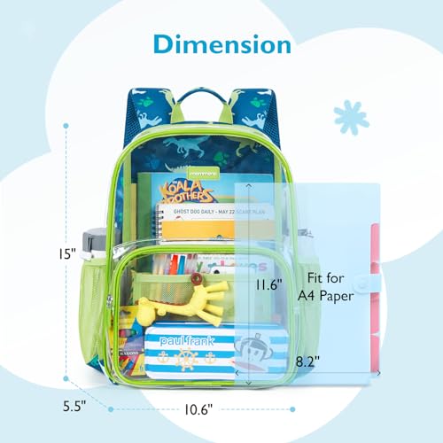 mommore Clear Backpack for Boys Kids Clear Bookbag for School Heavy Duty 15 Inch See Through Backpack Dinosaur Transparent Bag - color: Green, style: Mesh Panel Clear Backpack