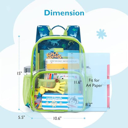 mommore Clear Backpack for Boys Kids Clear Bookbag for School Heavy Duty 15 Inch See Through Backpack Dinosaur Transparent Bag - color: Green, style: Mesh Panel Clear Backpack