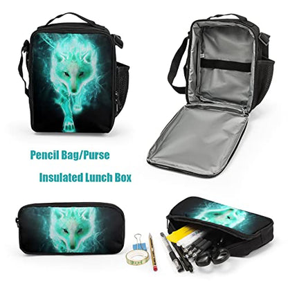 Giwawa Cyan Wolf Backpack 3-Piece Set, Cool Wilderness Animal Pattern Bookbag Lunch Bag Stationery Holder Case for School College Students Daily Essentials Camping Trips Outdoor Travel - color: Cyan Wolf