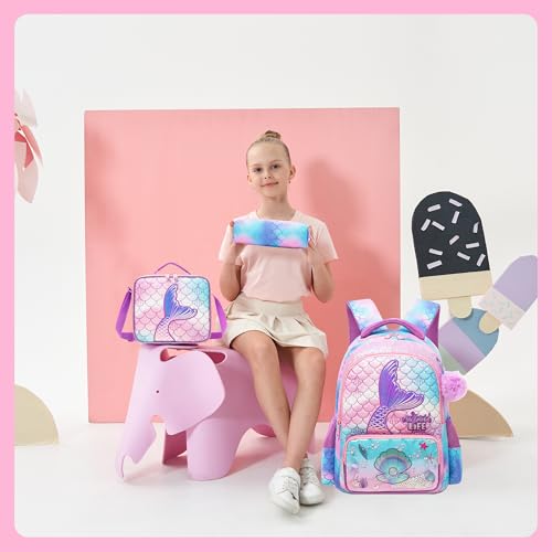Meetbelify Kids School Backpacks for Girls Boys Backpack with Lunch Bag for Elmentary Students - color: 01 Mermaid