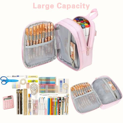 Large Capacity Kids Backpack Pencil Case Pen Bag with Clear Pocket, Cute Kawaii Pen Pouch Organizer with Adjustable Strap & Plush Doll Keychain for School Girls Boys (Pink) - color: Pink
