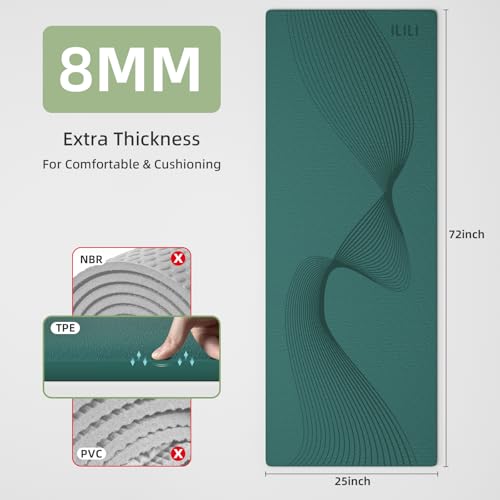 ILILI Yoga Mat, TPE Exercise Mat, Tear-Resistant, Fitness Yoga Mat with Carrying Strap, 72''x25''×0.3''(8mm), Ideal for Yoga, Pilates, Home Workouts, Stretching & All Fitness Routines - color: Peacock Green